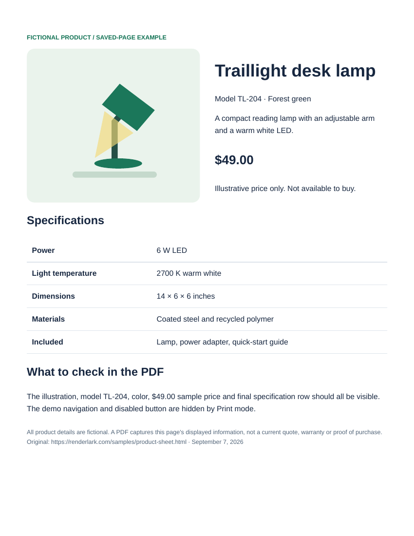 First page of the RenderLark PDF: How to save a product page as a PDF with its image and specifications
