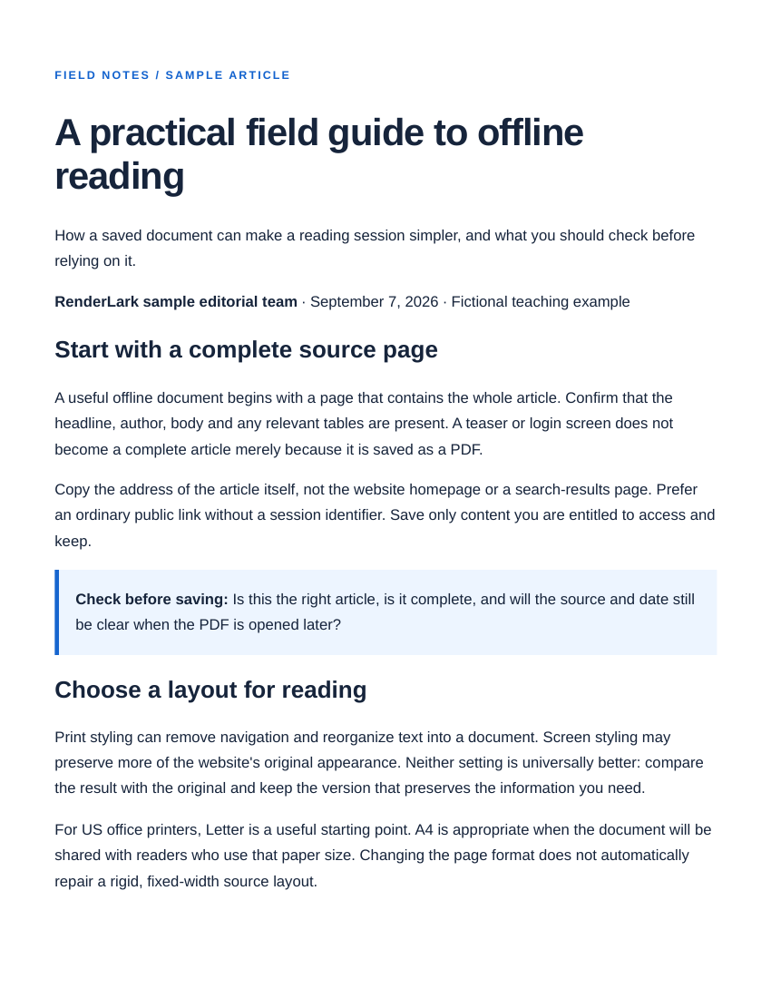 First page of the RenderLark PDF: How to save a long web article as a readable PDF